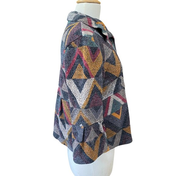 Damee Peplum Button Sweater Jacket Sz S Flare Sleeve Geometric Artsy Lagenlook - Picture 6 of 13